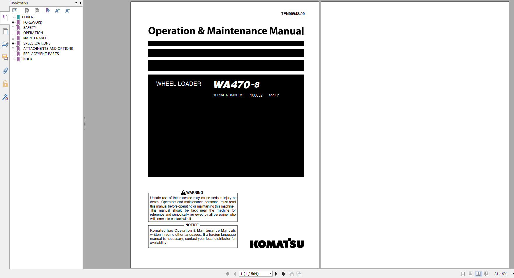 Komatsu Wheel Loader WA470 8 Operation Maintenance Manual TEN00948 00 2020