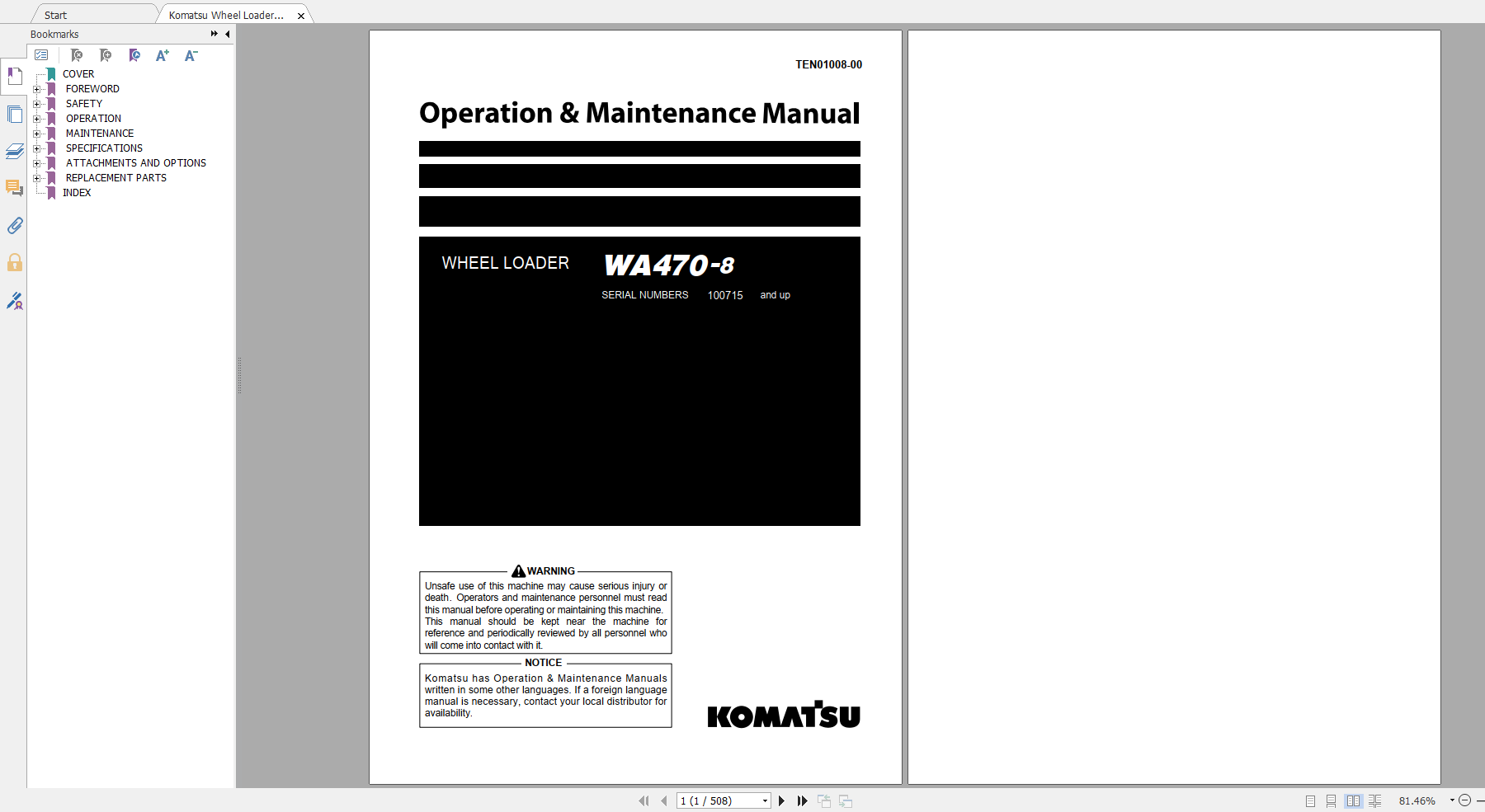 Komatsu Wheel Loader WA470 8 Operation Maintenance Manual TEN01008 00 2021