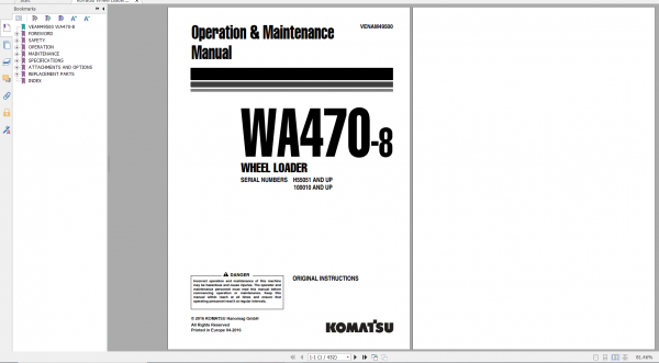 Komatsu Wheel Loader WA470 8 Operation Maintenance Manual VENAM49500 2016
