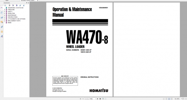 Komatsu Wheel Loader WA470 8 Operation Maintenance Manual VENAM49501 2016