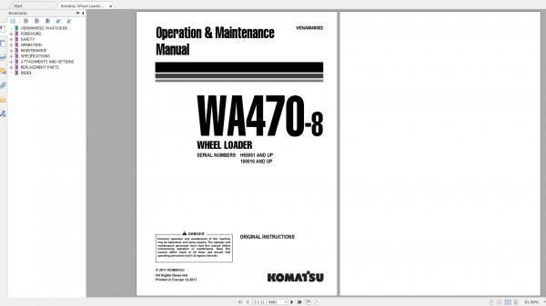 Komatsu Wheel Loader WA470 8 Operation Maintenance Manual VENAM49502 2017