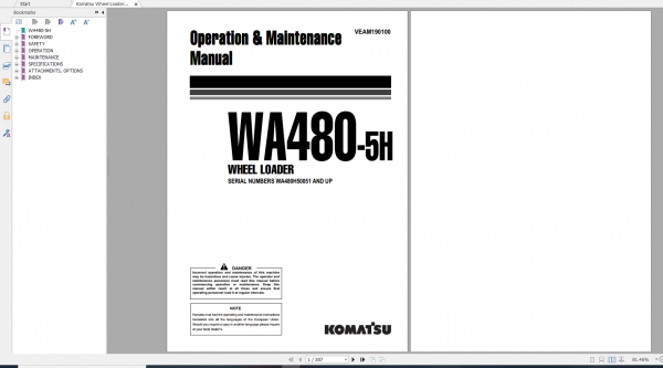 Komatsu Wheel Loader WA480 5H Operation Maintenance Manual VEAM190100
