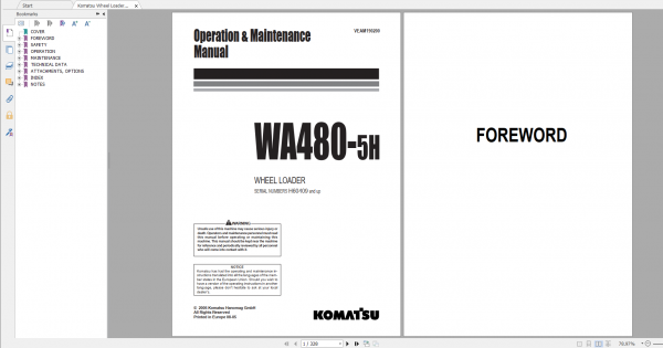 Komatsu Wheel Loader WA480 5H Operation Maintenance Manual VEAM190200 2005
