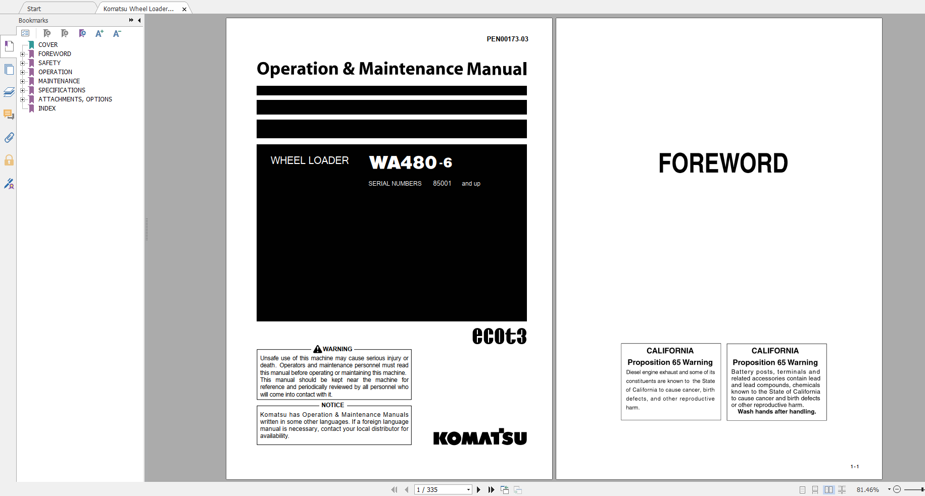 Komatsu Wheel Loader WA480 6 Operation Maintenance Manual PEN00173 03 2007