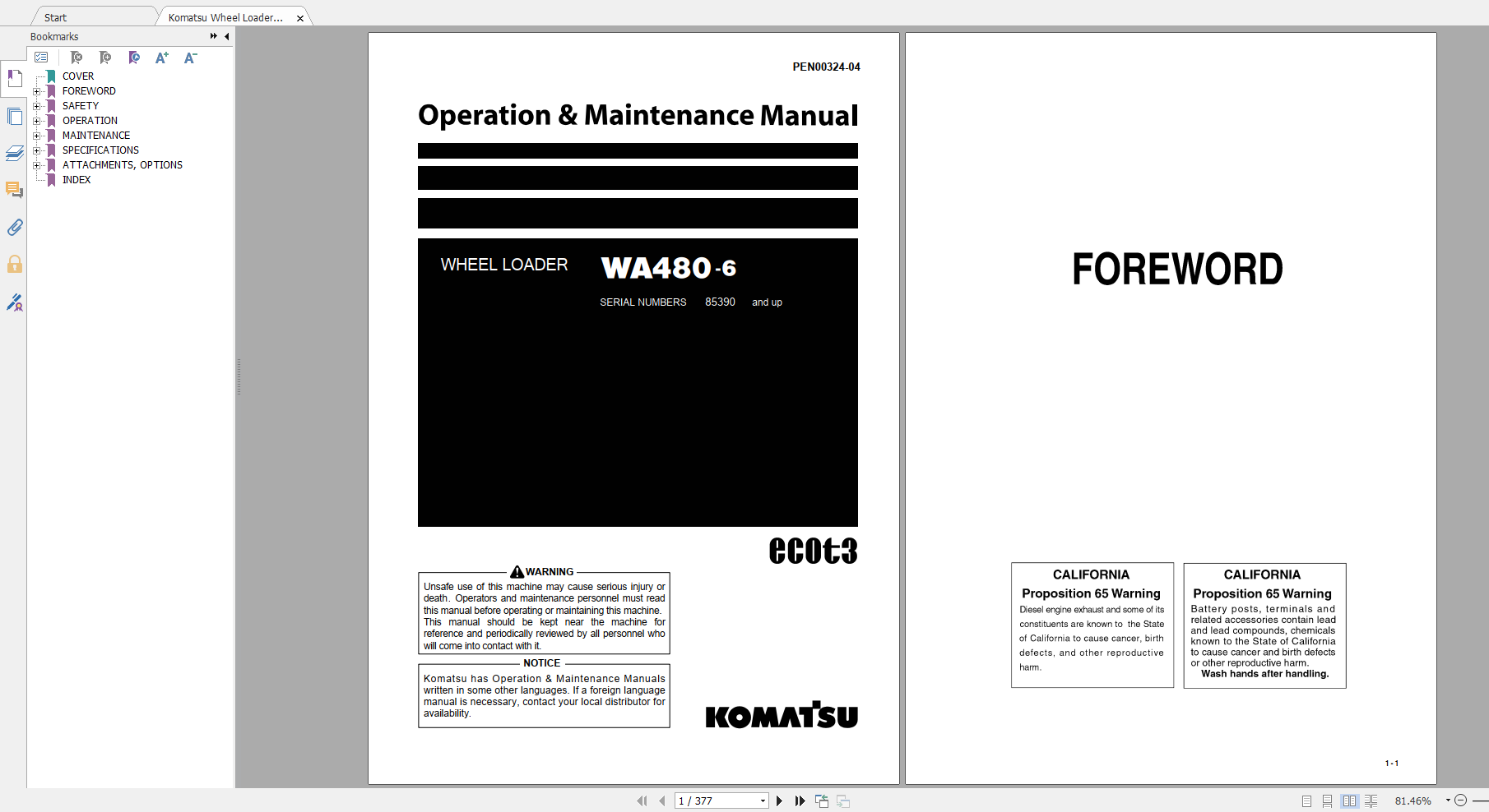 Komatsu Wheel Loader WA480 6 Operation Maintenance Manual PEN00324 04 2009