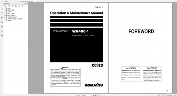 Komatsu Wheel Loader WA480 6 Operation Maintenance Manual PEN01378 00 2019