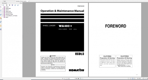 Komatsu Wheel Loader WA480 6 Operation Maintenance Manual PEN01548 00 2020
