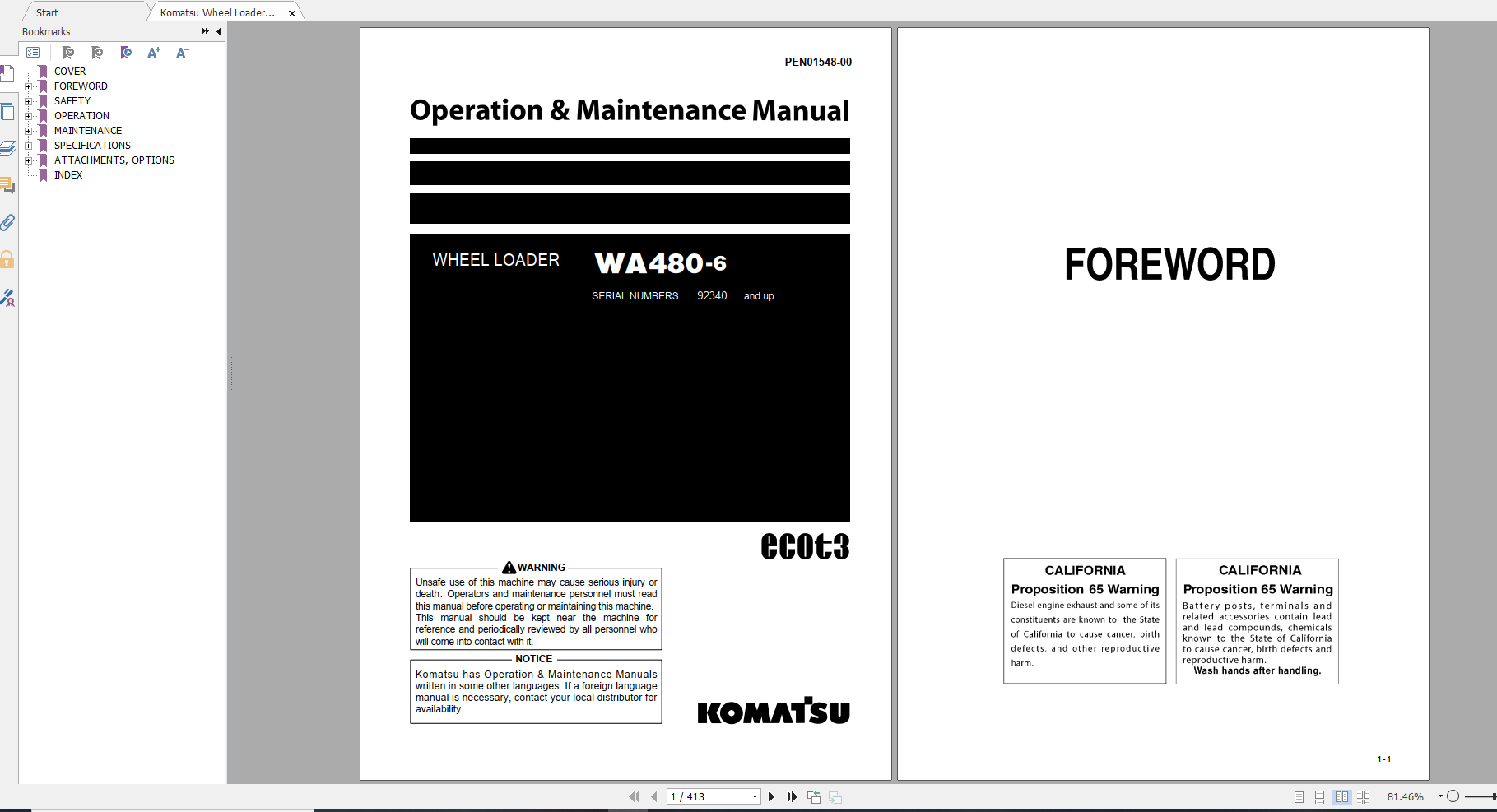 Komatsu Wheel Loader WA480 6 Operation Maintenance Manual PEN01548 00 2020
