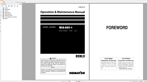 Komatsu Wheel Loader WA480 6 Operation Maintenance Manual TEN00452 08 2019