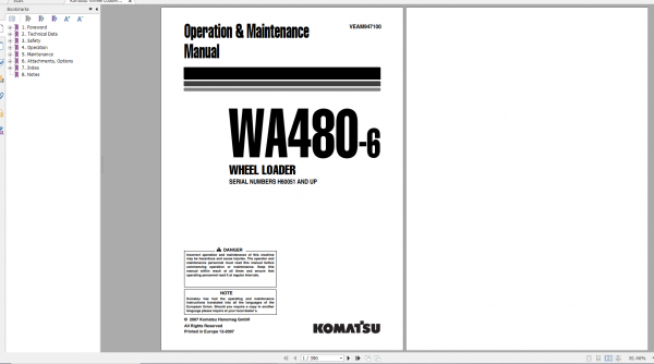Komatsu Wheel Loader WA480 6 Operation Maintenance Manual VEAM947100 2007