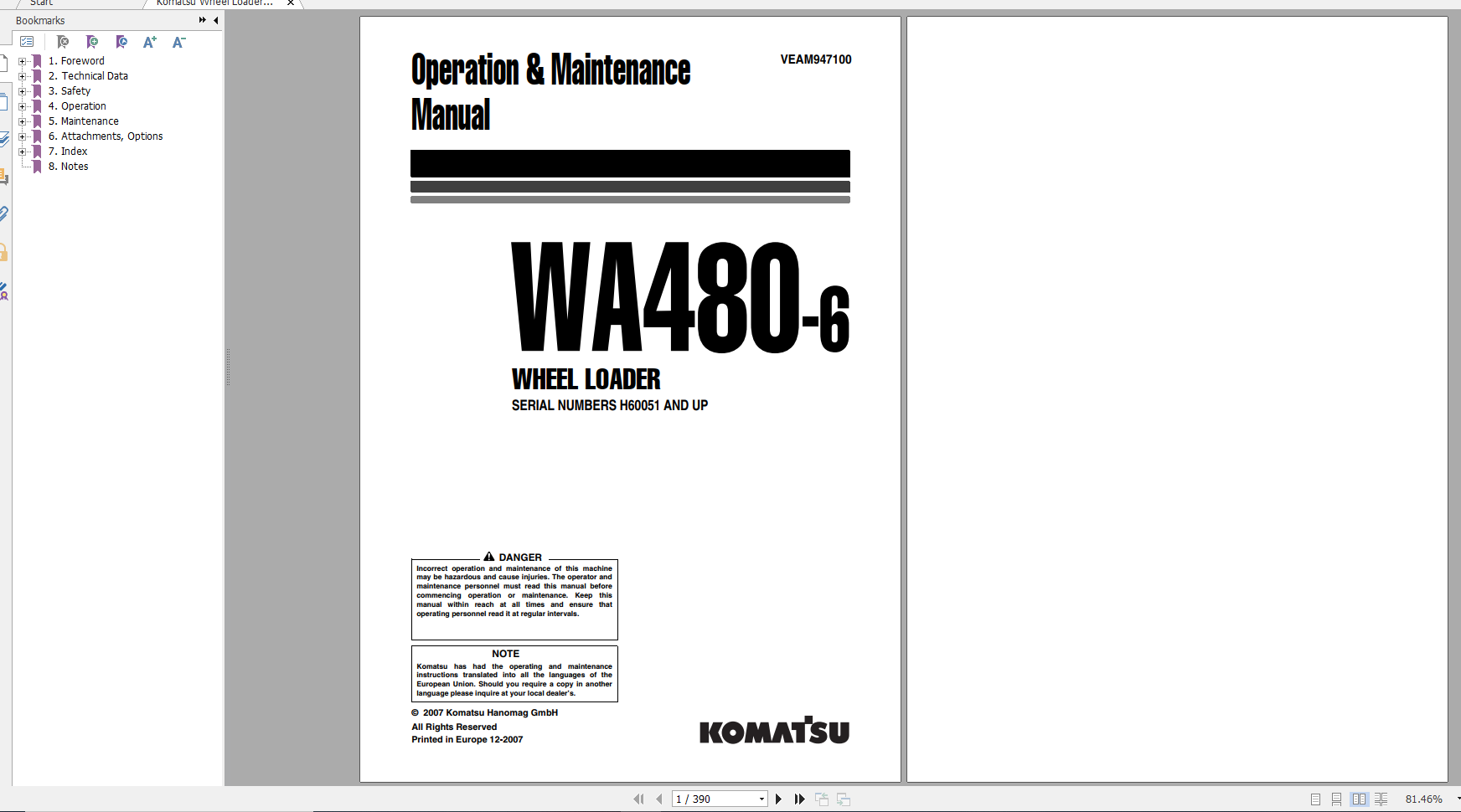 Komatsu Wheel Loader WA480 6 Operation Maintenance Manual VEAM947100 2007