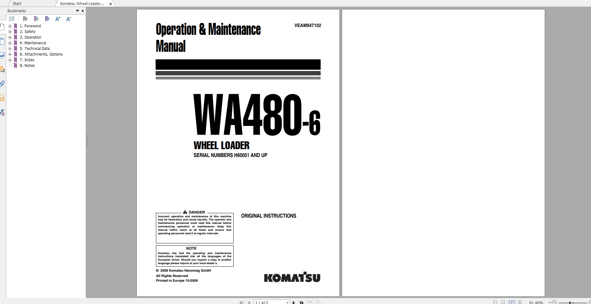 Komatsu Wheel Loader WA480 6 Operation Maintenance Manual VEAM947102 2009