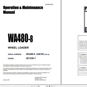 Komatsu Wheel Loader WA480 8 Engine 6D125E 7 Operation Maintenance Manual CEAM034004 2021