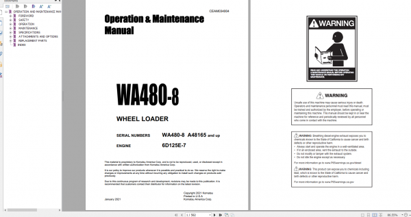 Komatsu Wheel Loader WA480 8 Engine 6D125E 7 Operation Maintenance Manual CEAM034004 2021