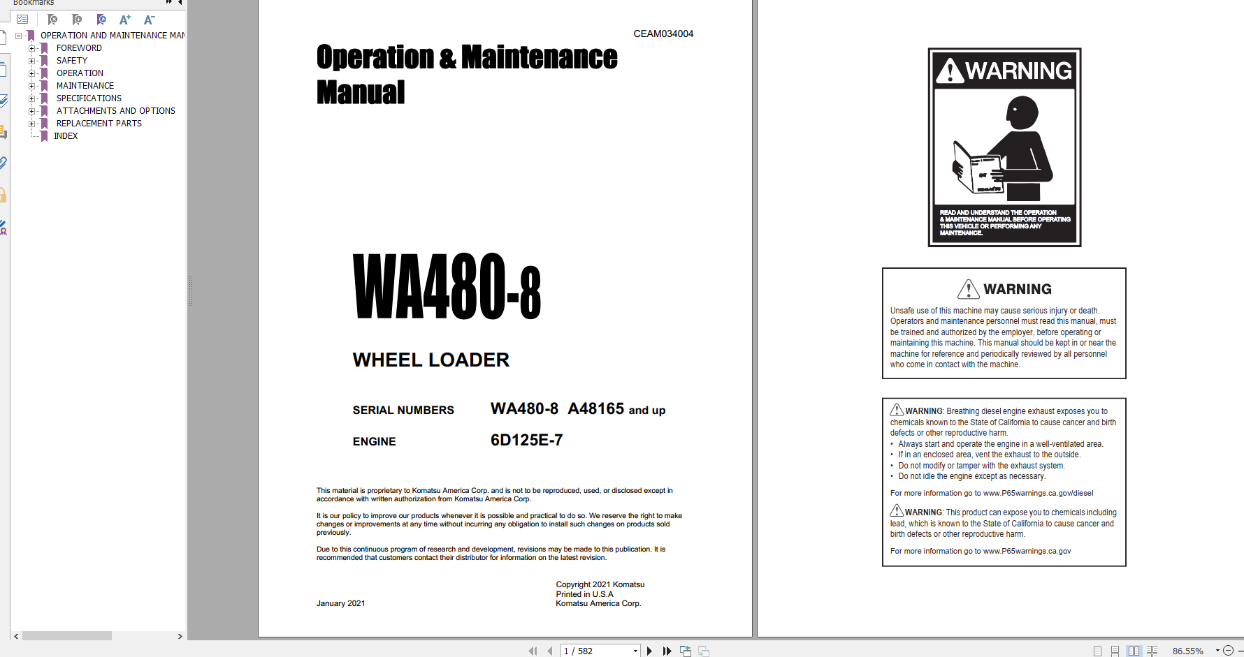 Komatsu Wheel Loader WA480 8 Engine 6D125E 7 Operation Maintenance Manual CEAM034004 2021