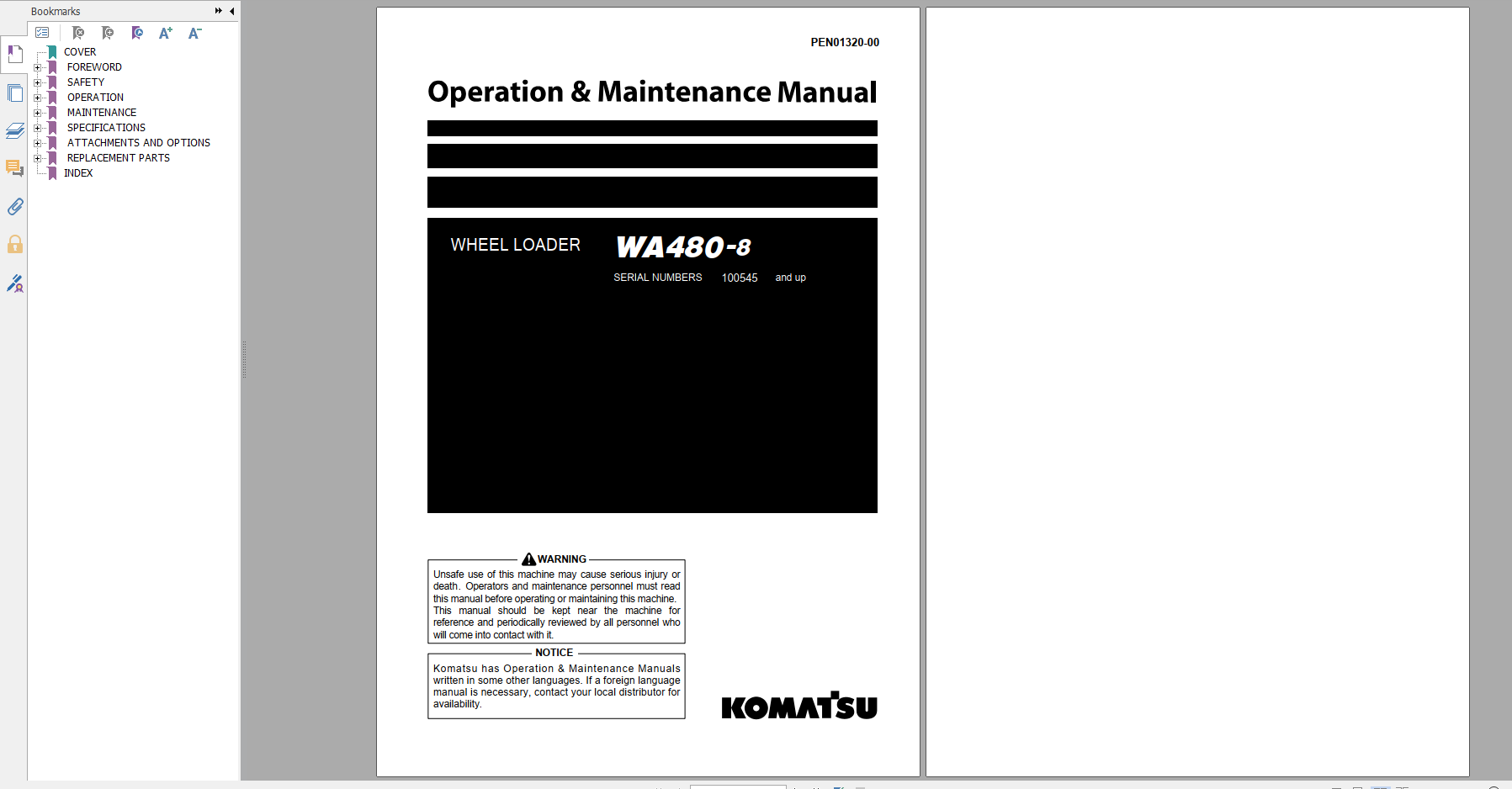 Komatsu Wheel Loader WA480 8 Operation Maintenance Manual PEN01320 00 2019
