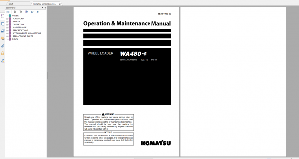 Komatsu Wheel Loader WA480 8 Operation Maintenance Manual TEN01003 00 2020