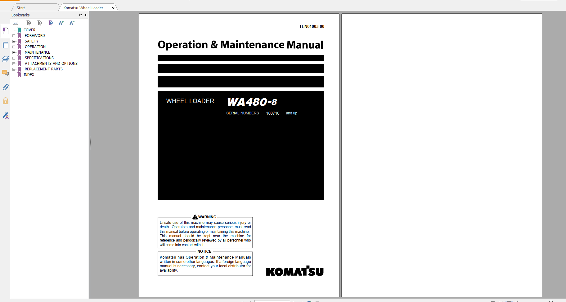 Komatsu Wheel Loader WA480 8 Operation Maintenance Manual TEN01003 00 2020