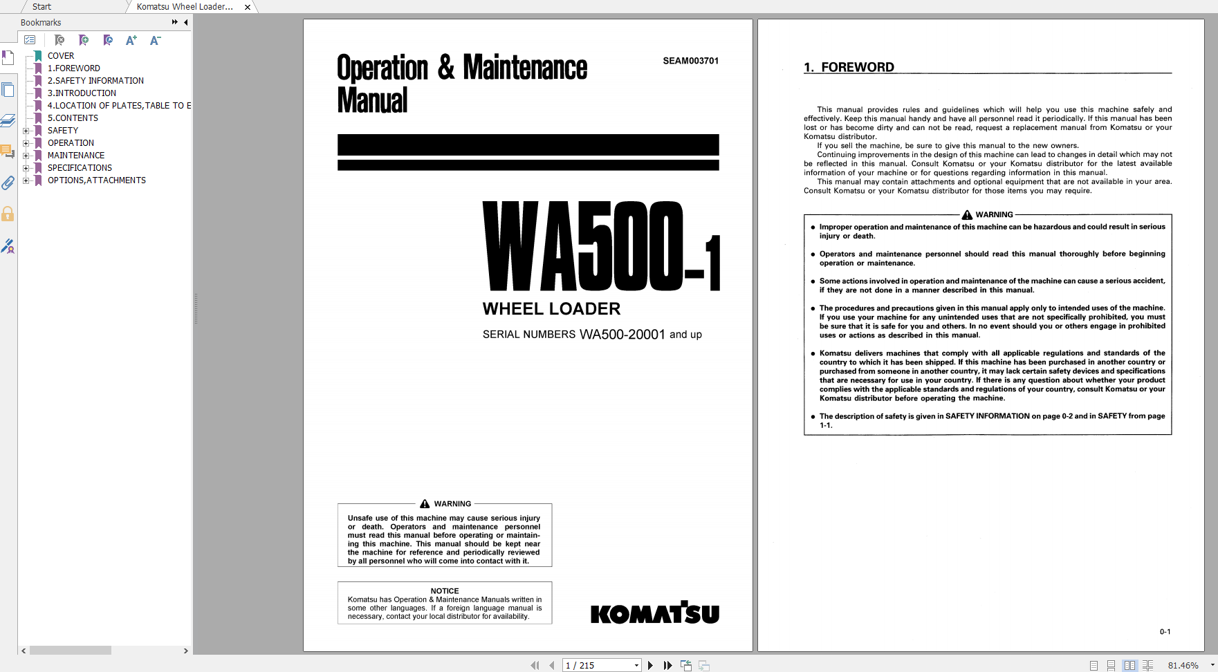 Komatsu Wheel Loader WA500 1 Operation Maintenance Manual SEAM003701