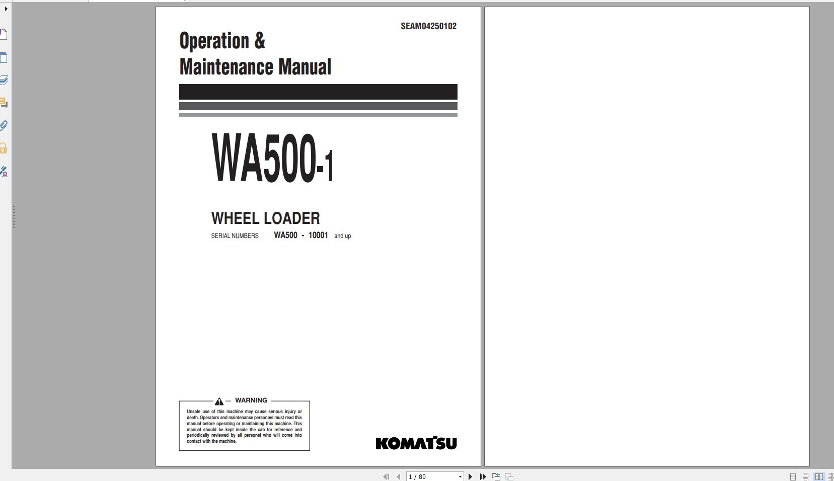 Komatsu Wheel Loader WA500 1 Operation Maintenance Manual SEAM04250102