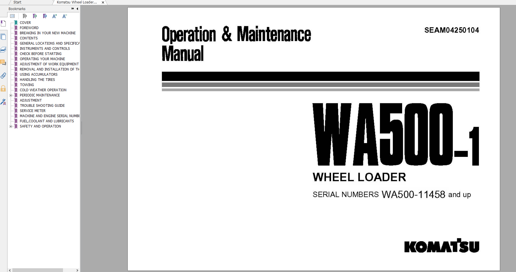 Komatsu Wheel Loader WA500 1 Operation Maintenance Manual SEAM04250104
