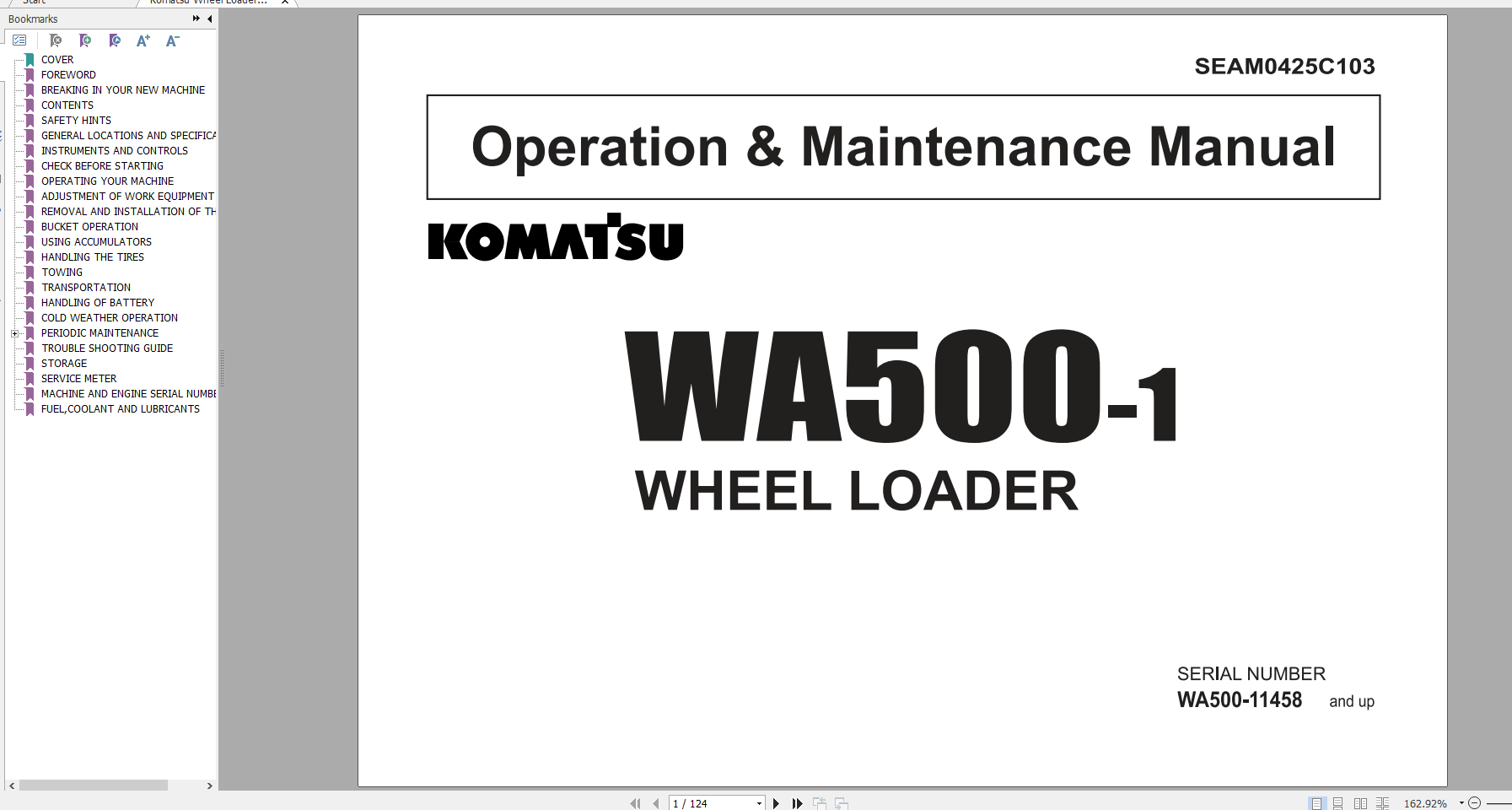 Komatsu Wheel Loader WA500 1 Operation Maintenance Manual SEAM0425C103