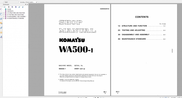Komatsu Wheel Loader WA500 1 Shop Manual SEBM0425M102 1991