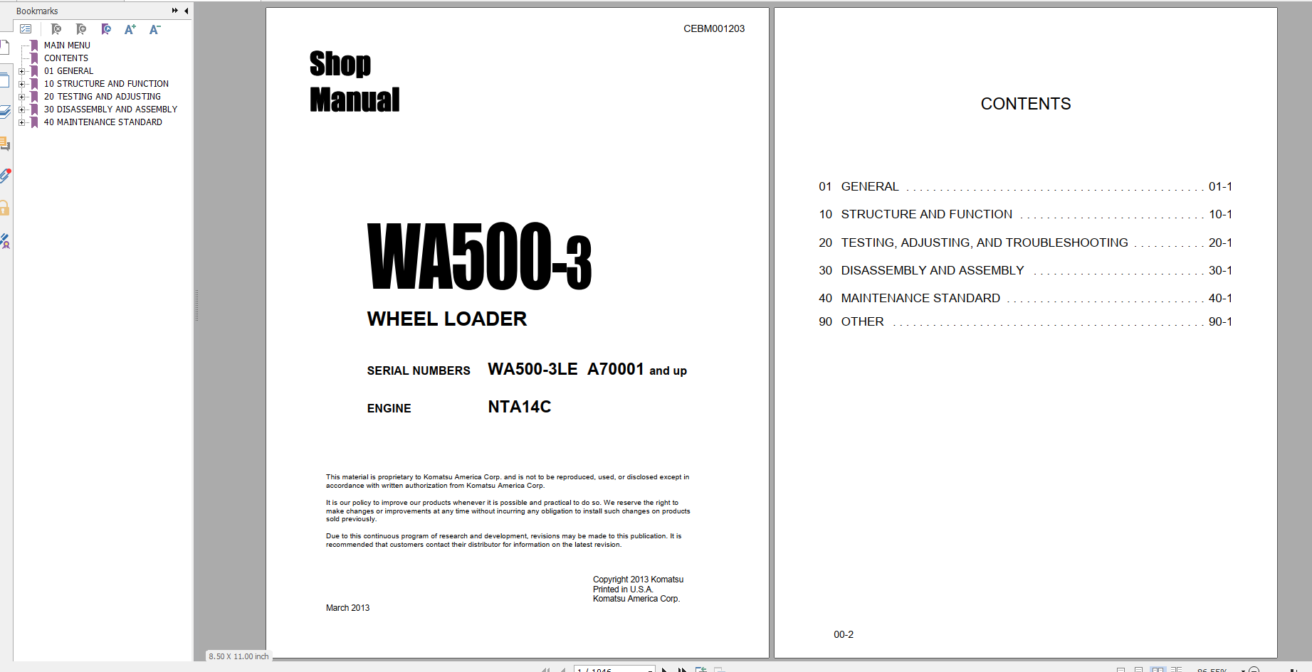 Komatsu Wheel Loader WA500 3 Engine NTA14C Shop Manual CEBM001203 2013