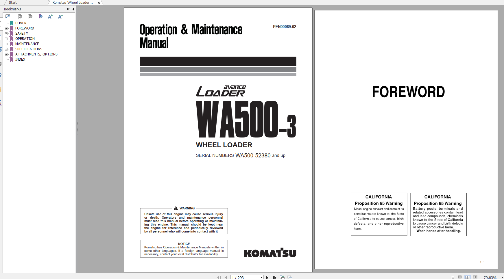 Komatsu Wheel Loader WA500 3 Operation Maintenance Manual PEN00069 02 2019