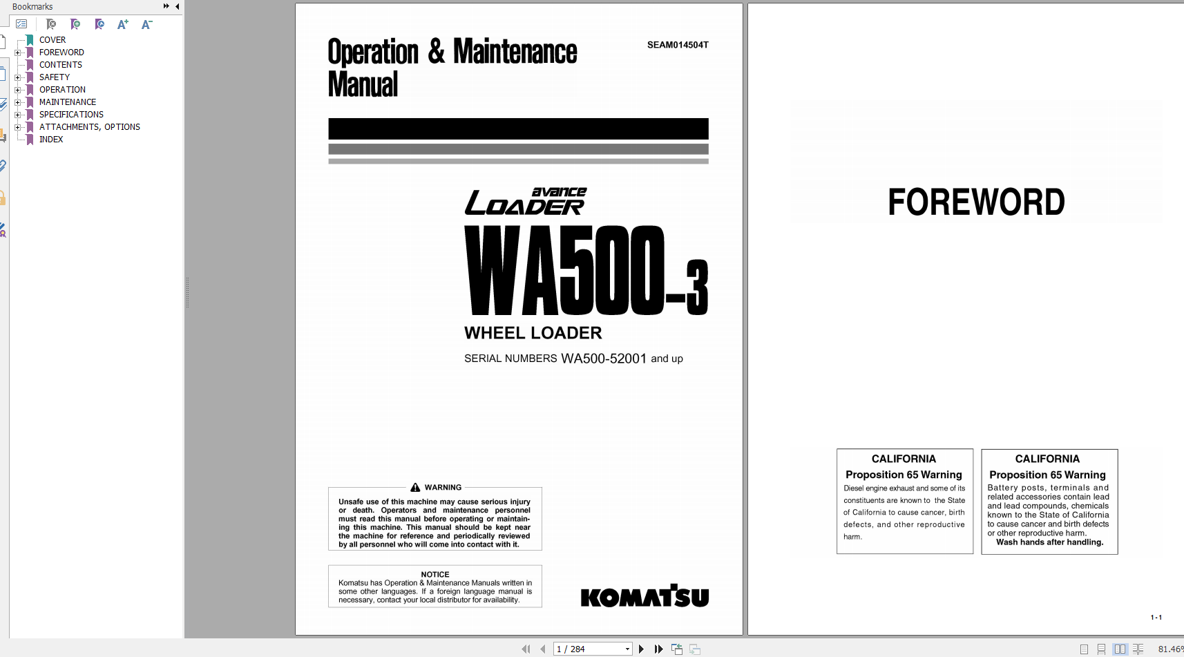 Komatsu Wheel Loader WA500 3 Operation Maintenance Manual SEAM014504T 2004