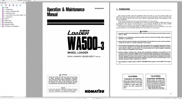 Komatsu Wheel Loader WA500 3 Operation Maintenance Manual SEAM032001P 2000