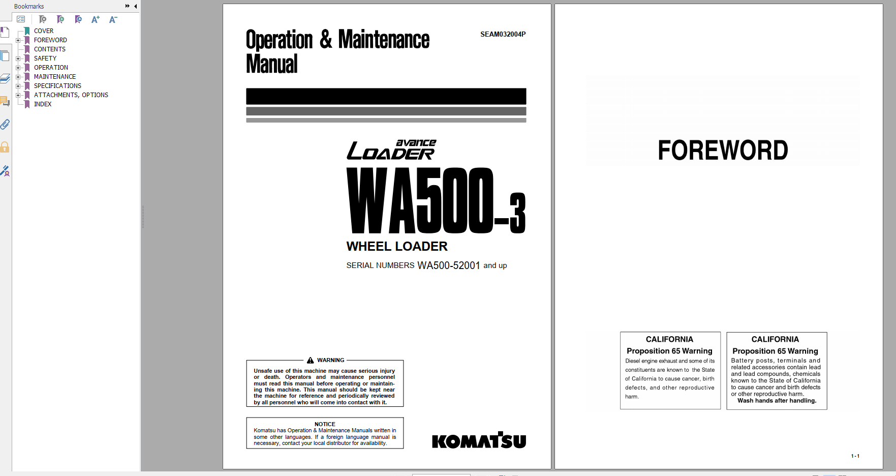 Komatsu Wheel Loader WA500 3 Operation Maintenance Manual SEAM032004P 2004