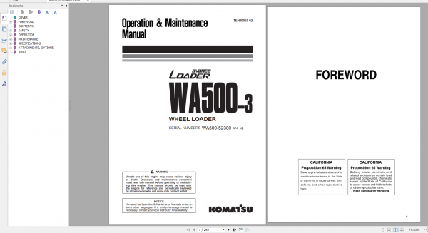 Komatsu Wheel Loader WA500 3 Operation Maintenance Manual TEN00065 02 2019