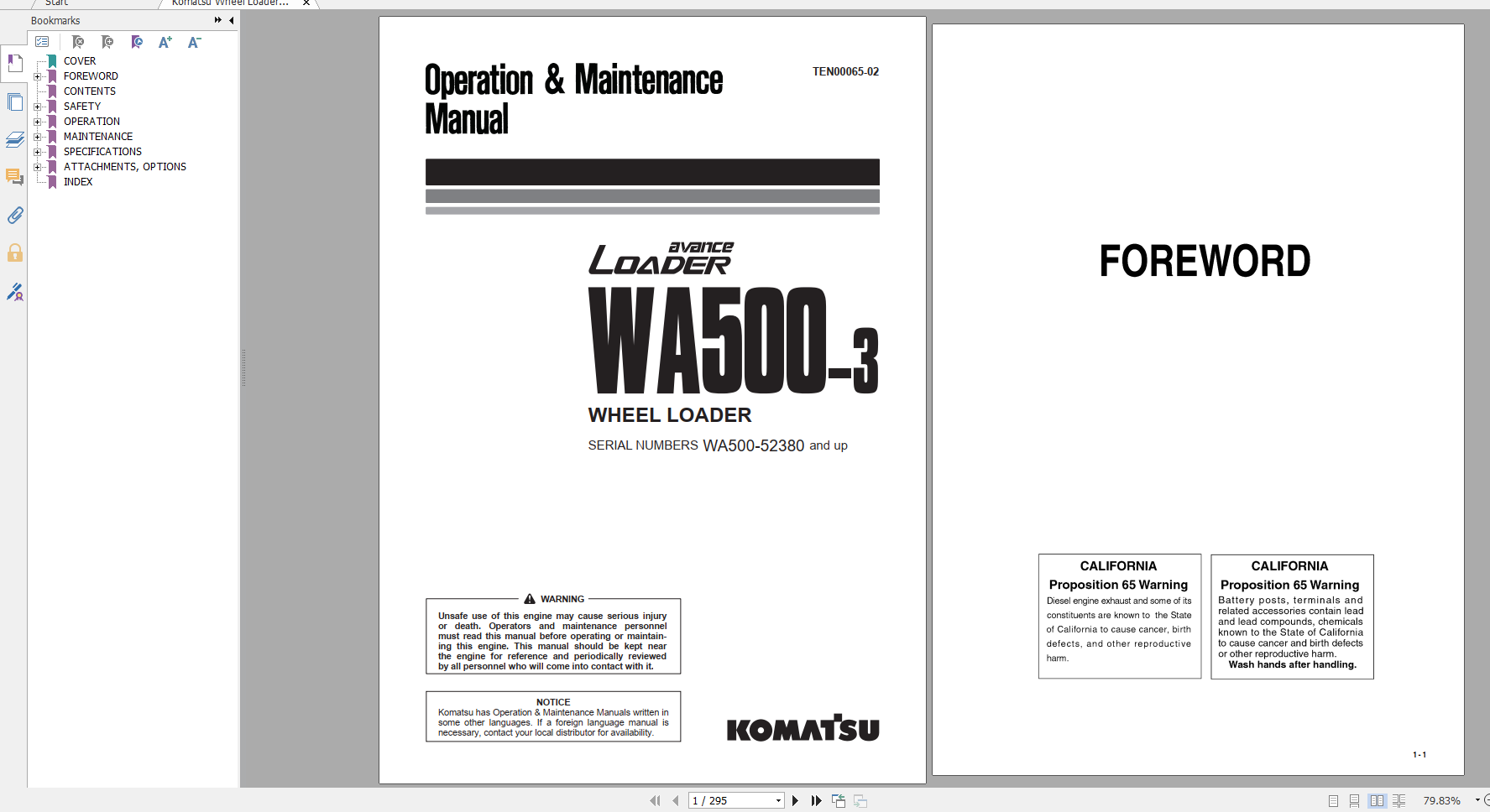 Komatsu Wheel Loader WA500 3 Operation Maintenance Manual TEN00065 02 2019