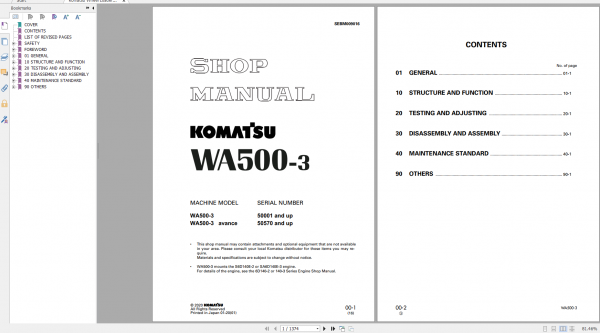 Komatsu Wheel Loader WA500 3 Shop Manual SEBM009016 2020