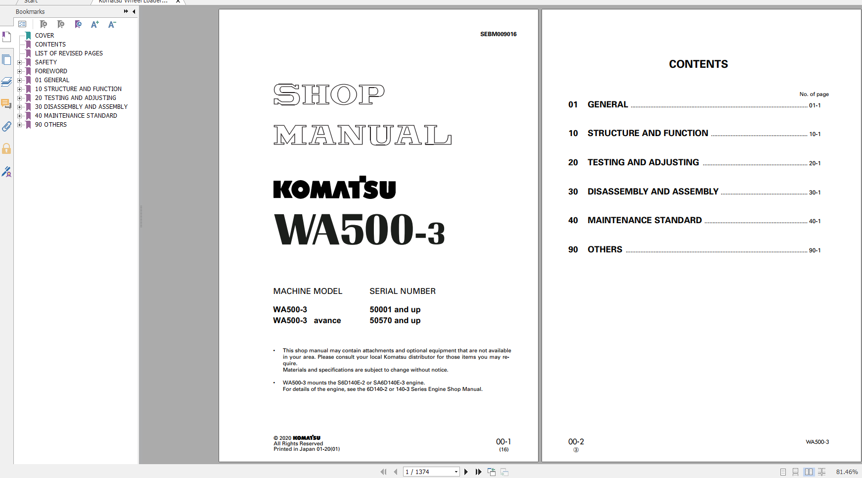 Komatsu Wheel Loader WA500 3 Shop Manual SEBM009016 2020
