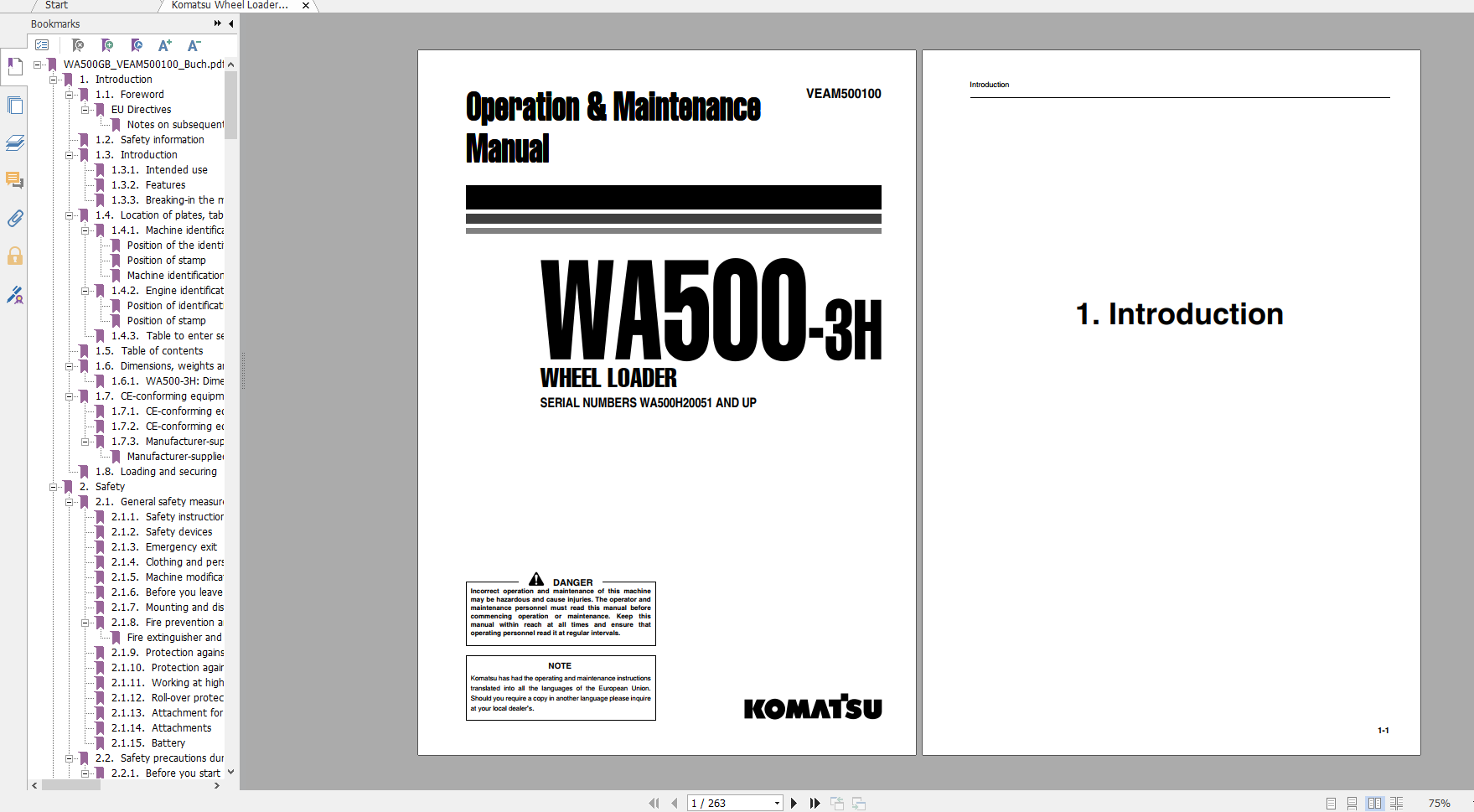 Komatsu Wheel Loader WA500 3H Operation Maintenance Manual VEAM500100