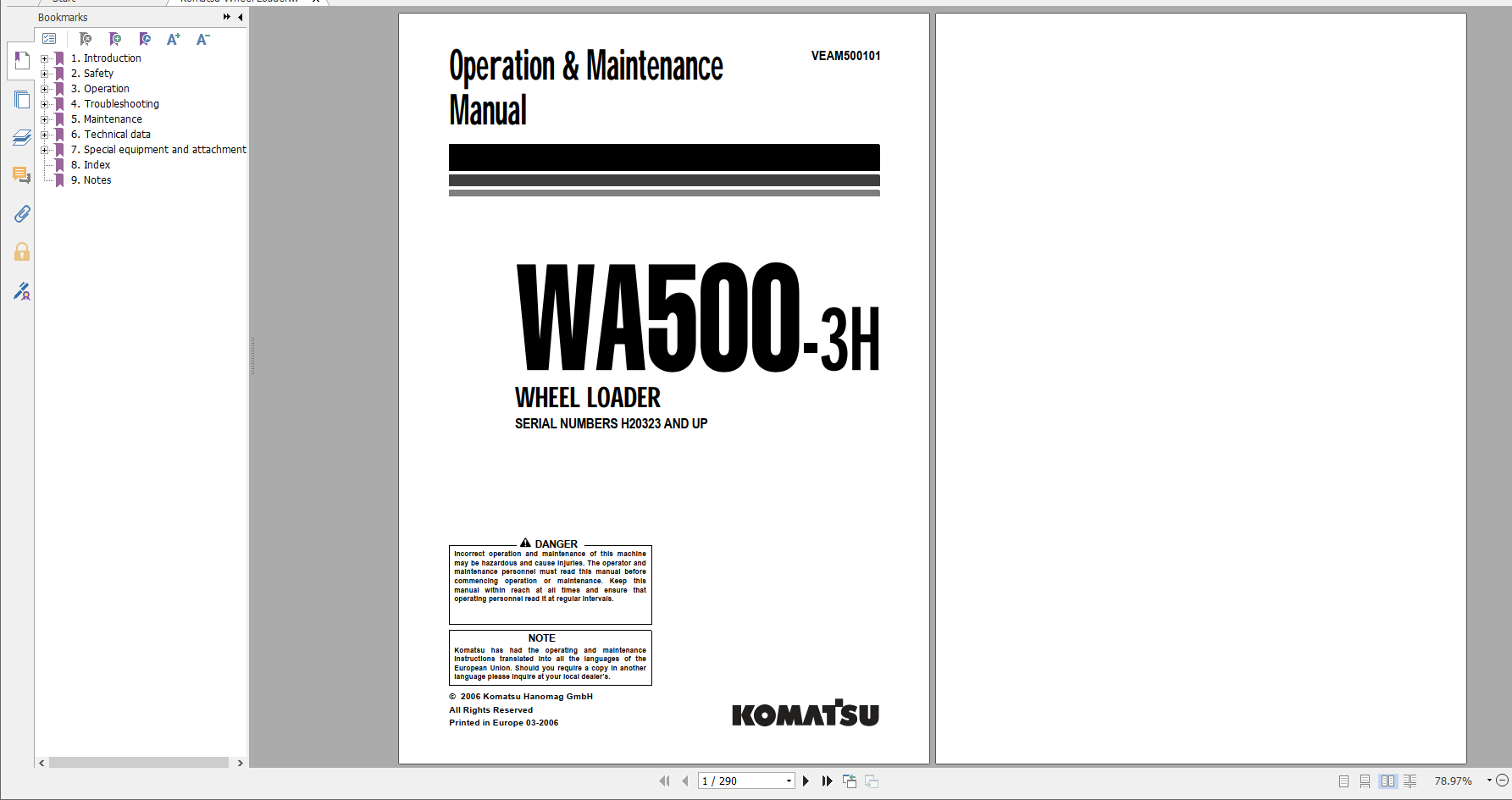 Komatsu Wheel Loader WA500 3H Operation Maintenance Manual VEAM500101 2006