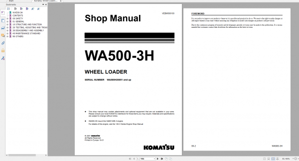 Komatsu Wheel Loader WA500 3H Shop Manual VEBM500100 2001