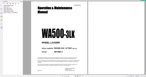 Komatsu Wheel Loader WA500 3LK Engine 6D140E 3 Operation Maintenance Manual CEAM008102 2016