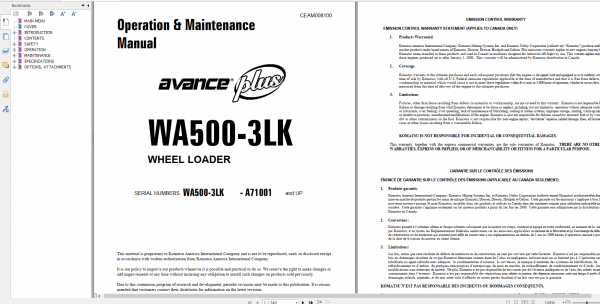 Komatsu Wheel Loader WA500 3LK Operation Maintenance Manual CEAM008100 2001