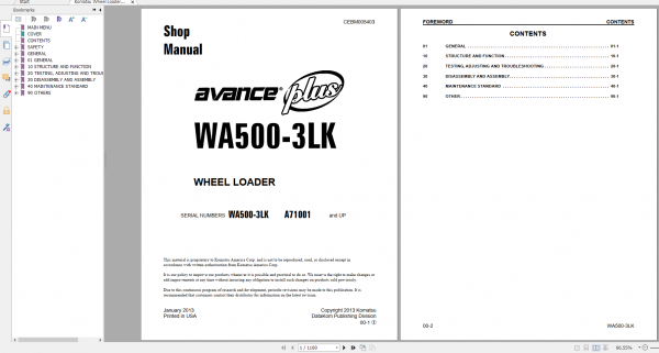 Komatsu Wheel Loader WA500 3LK Shop Manual CEBM005403 2013