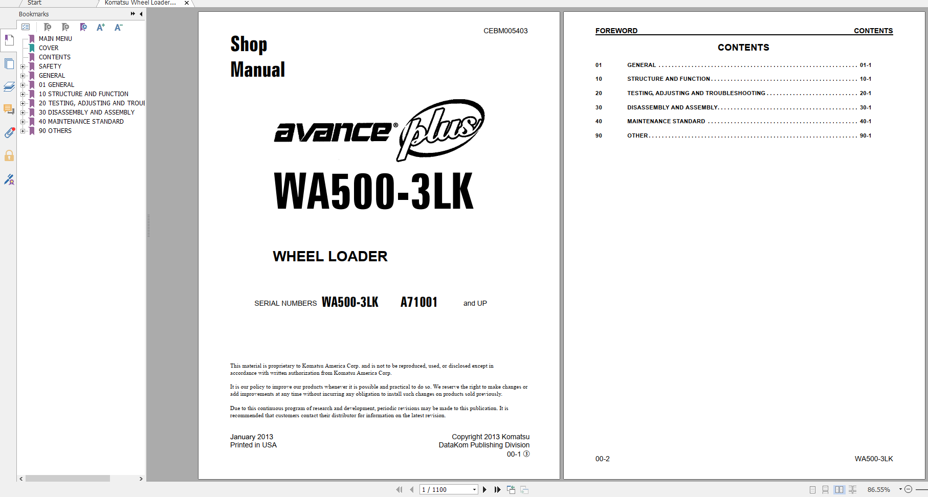 Komatsu Wheel Loader WA500 3LK Shop Manual CEBM005403 2013