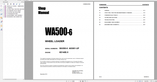 Komatsu Wheel Loader WA500 6 Engine 6D104E 5 Shop Manual CEBM022902 2012