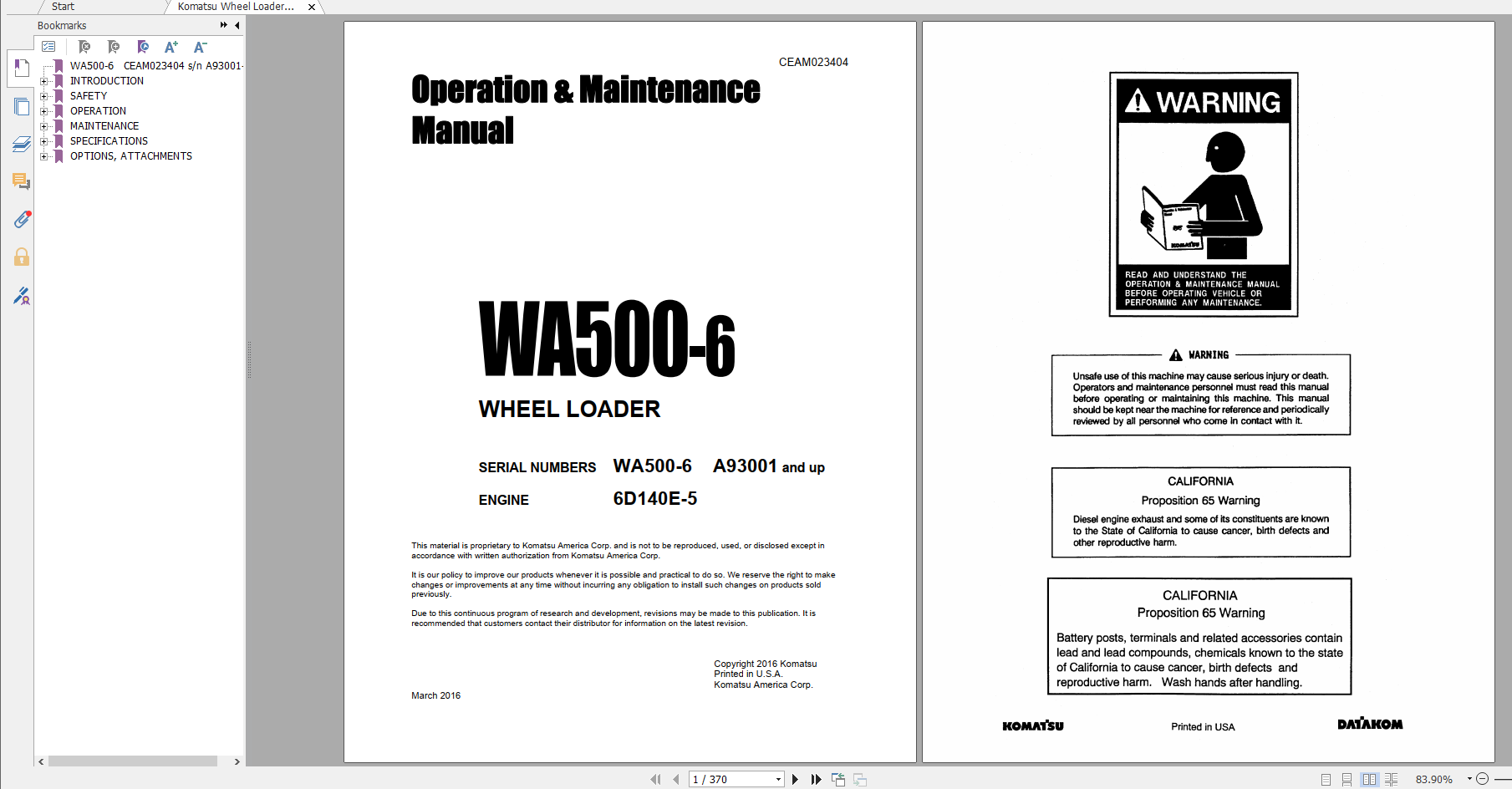 Komatsu Wheel Loader WA500 6 Engine 6D140E 5 Operation Maintenance Manual CEAM023404 2016