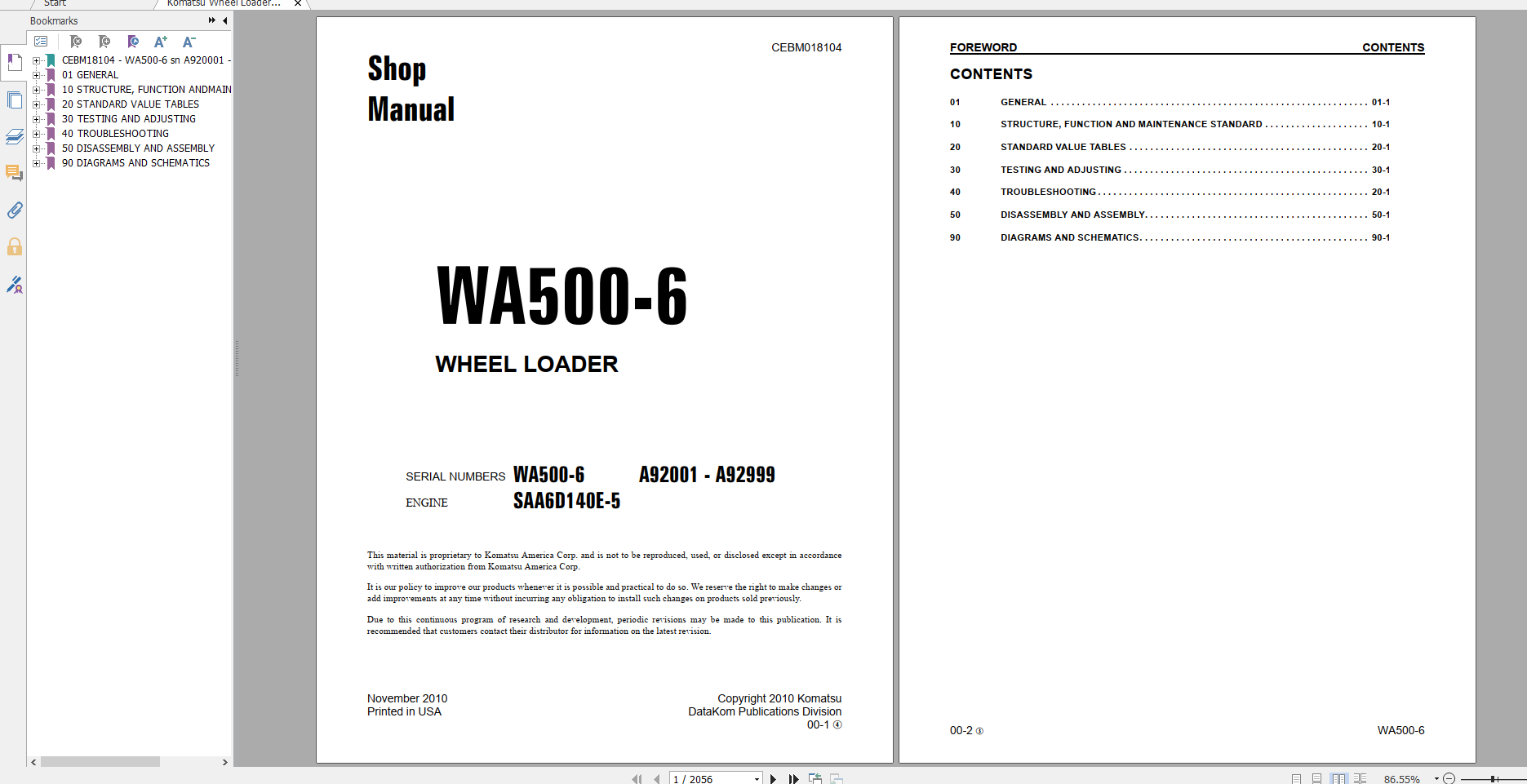 Komatsu Wheel Loader WA500 6 Engine SAA6D140E 5 Shop Manual CEBM018104 2010