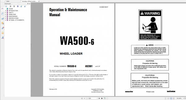 Komatsu Wheel Loader WA500 6 Operation Maintenance Manual CEAM018007 2016
