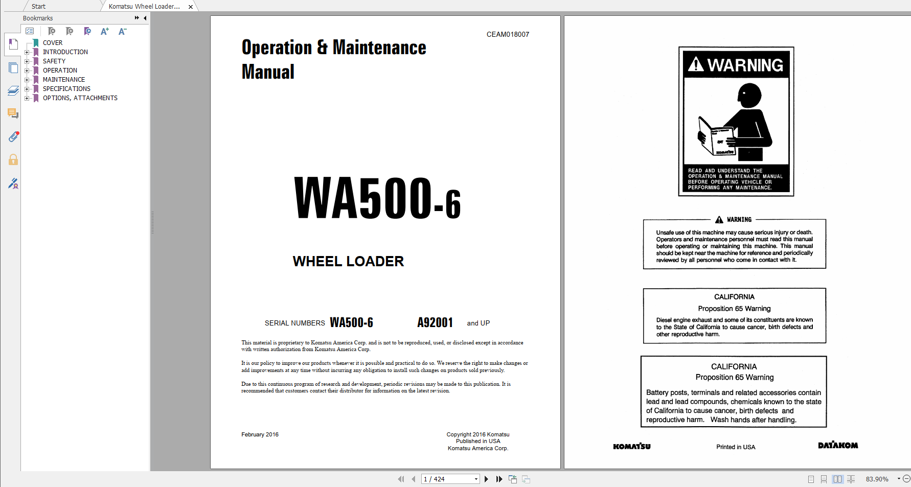 Komatsu Wheel Loader WA500 6 Operation Maintenance Manual CEAM018007 2016