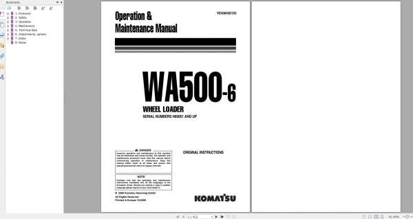 Komatsu Wheel Loader WA500 6 Operation Maintenance Manual VEAM430103 2009