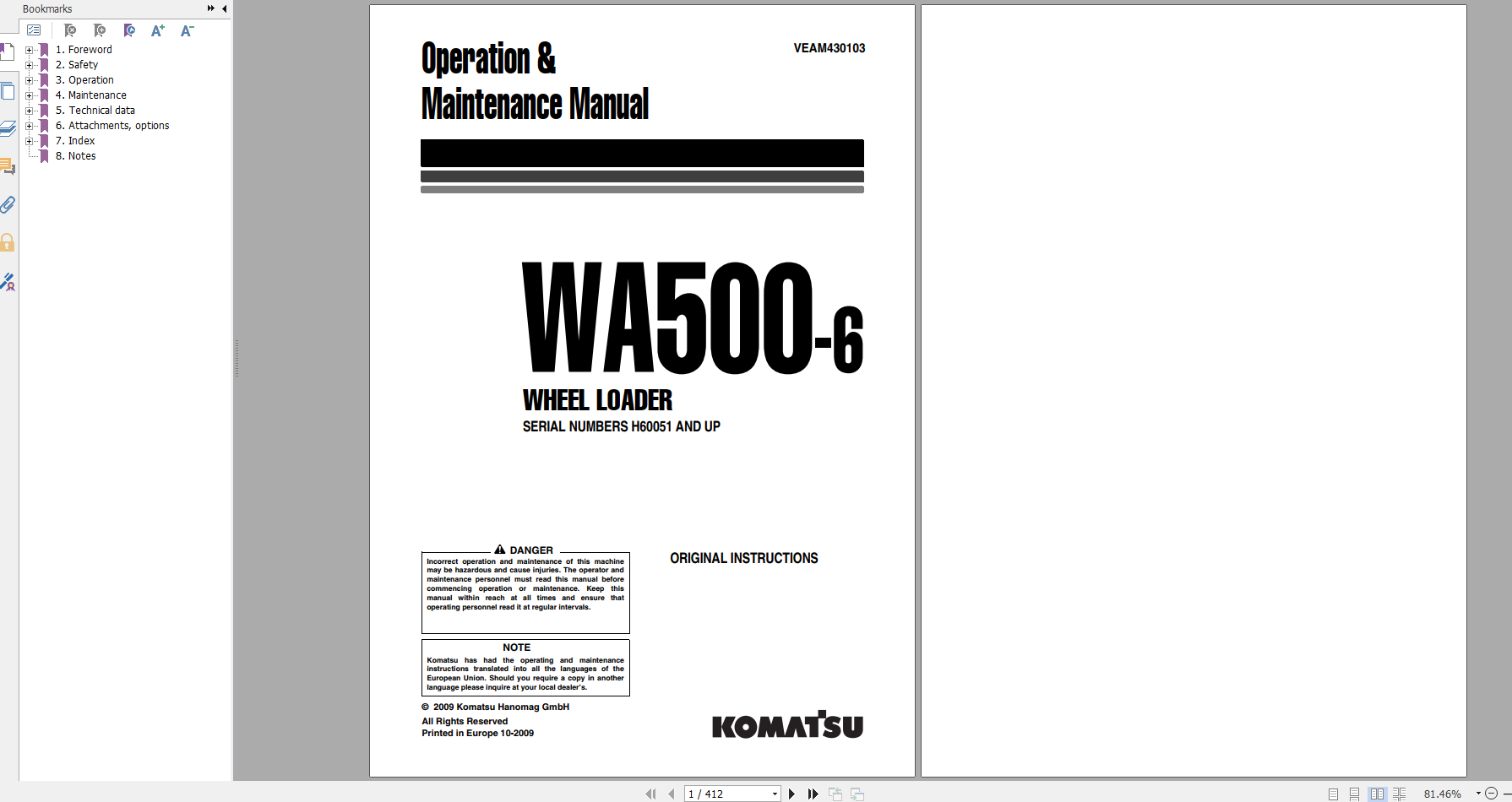Komatsu Wheel Loader WA500 6 Operation Maintenance Manual VEAM430103 2009